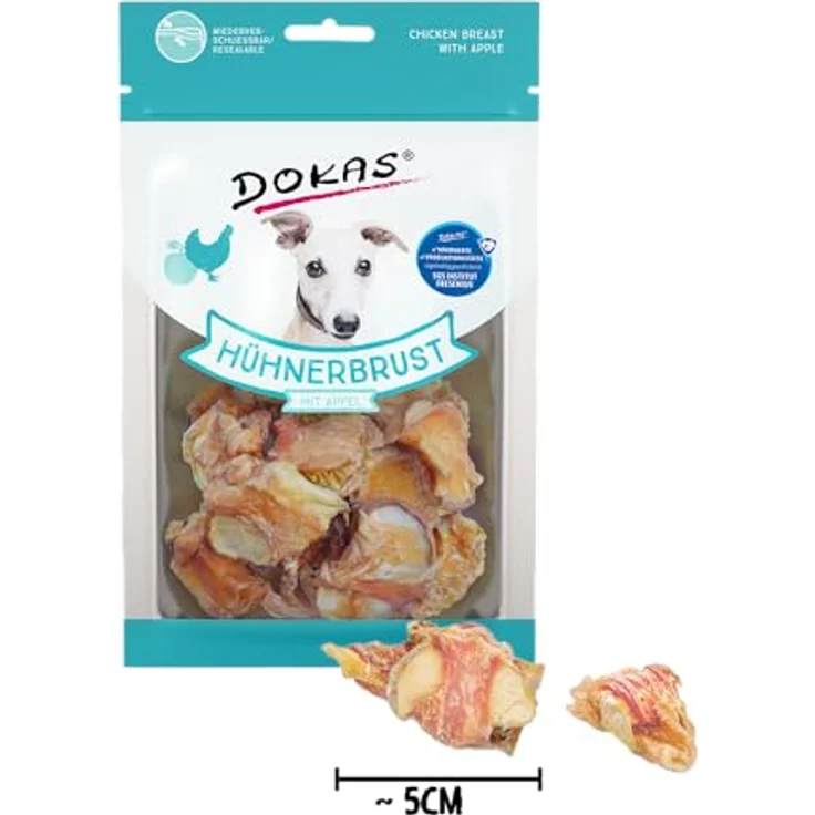 Dokas Kausnack Hühnerbrust mit Apfel, Sparpaket 12 x 70 g, hochwertiger Hundesnack ohne Zucker und Konservierungsstoffe, wiederverschließbarer Beutel – Bild 3