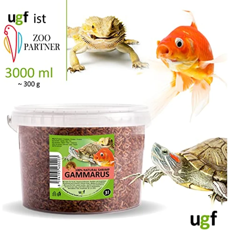 UGF Premium Gammarus Bachflohkrebse Getrocknet, 318g im 3 Liter Eimer, reich an 48% Protein, 100% natürliches Futter für Schildkröten, Fisch, Axolotl, Hamster, Igel, Koi und Ratten – Bild 2