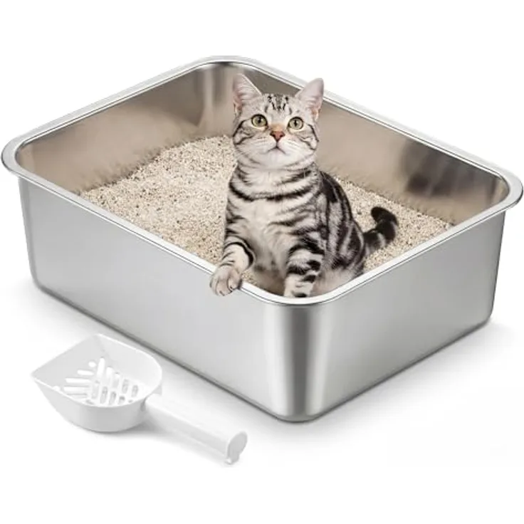 Feandrea Katzenklo Edelstahl, offene Katzentoilette M mit antihaftbeschichteter Oberfläche, geruchsfrei, leicht zu reinigen, 45 x 35 x 15 cm für Kätzchen und kleine Katzen