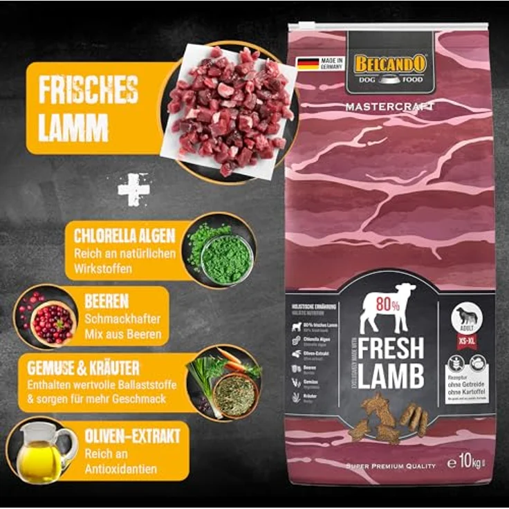 BELCANDO MASTERCRAFT Hundefutter trocken Fresh Lamb, 10kg, getreidefreies Trockenfutter mit 80% frischem Lammfleisch, für alle Rassen, Made in Germany – Bild 4
