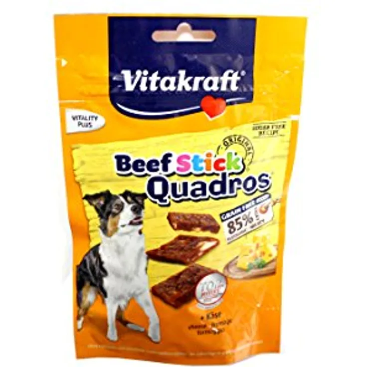 Vitakraft Beef Stick Quadros Plus Käse, 7 x 70g, extra fleischige Hundesnacks mit Käsestückchen, zuckerfreie Rezeptur, ohne Farbstoffe und künstliche Geschmacksverstärker