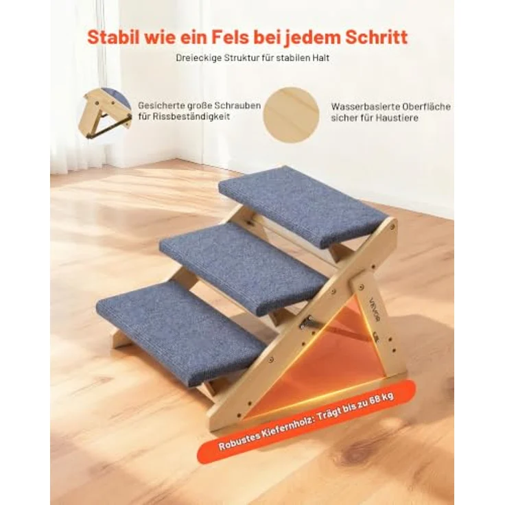 VEVOR Hundetreppe 3-stufige klappbare Holztreppe, bis 68 kg, stabil mit rutschfester Oberfläche für Betten, Sofas & Autos, 510x470x370 mm – Bild 3