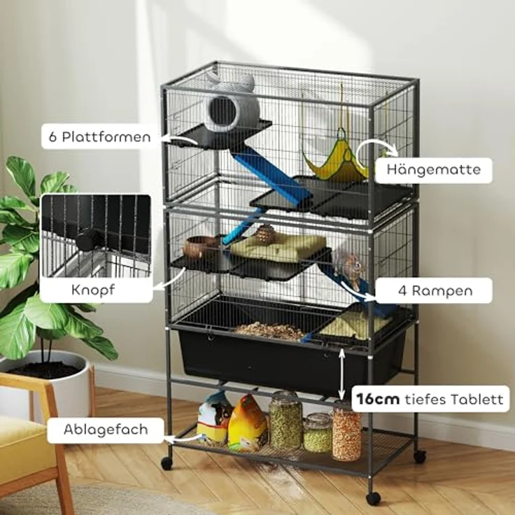 PawHut Kleintierkäfig, 5-stöckiger Nagerkäfig mit ausziehbarem Tablett, Rampen, Hängematte und Rollen, Dunkelgrau – Bild 4