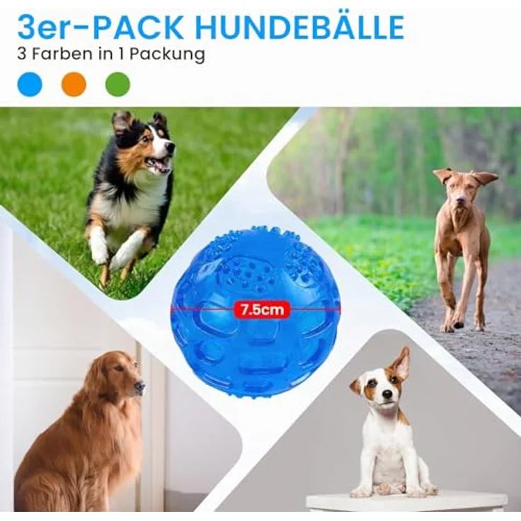 PETTOM Hundeball Quietschend 3er Set, Unzerstörbare Spielbälle für Große und Kleine Hunde, Schwimmfähig in Orange, Blau, Grün, Durchmesser 7,5cm – Bild 5