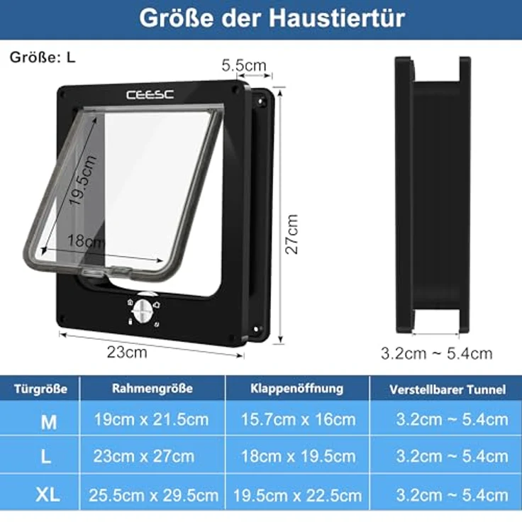 CEESC Große Katzenklappe mit wetterfestem Bürstenstreifen, 4-Wege-Verriegelung, für Haustiere bis 60 cm, verbesserte Version (L, schwarz) – Bild 4