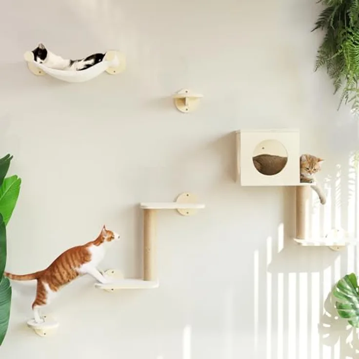 FUKUMARU Kletterwand für Katzen, 5-teiliges Wandregal-Set mit Hängematte, Katzenhaus, Katzentreppe und Kratzbaum, stabile Birken-Multi-Schichtplatte, beige