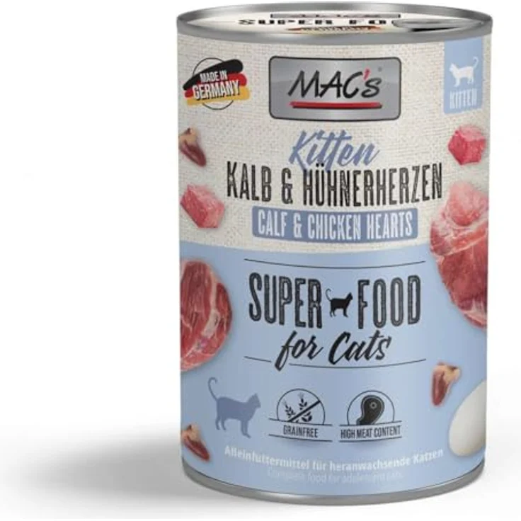 MAC's Katzenfutter getreidefrei Kitten Kalb & Hühnerherzen, 6x400 g, hoher Fleischanteil, ohne künstliche Aromastoffe, Made in Germany