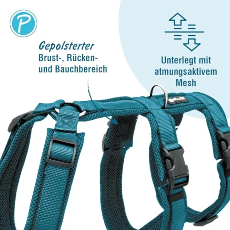 Petlando Sicherheitsgeschirr Mesh, ausbruchsicher mit extra Bauchgurt, weich gepolstert, atmungsaktiv, stufenlos verstellbar, für kleine Hunde, Petrol, Größe S – Bild 2