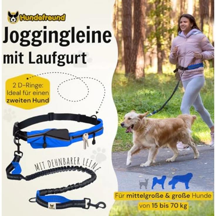 Hundefreund Joggingleine mit Bauchgurt Blau, elastisch, ruckdämpfend, reflektierend, für Hunde bis 70 kg, freie Hände zum Joggen, Laufen, Radfahren, Wandern – Bild 2