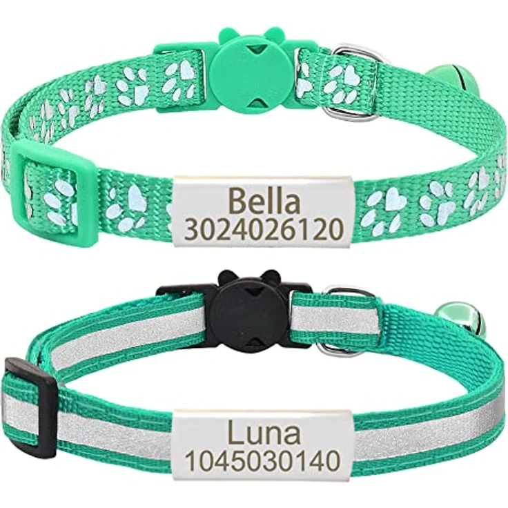 Senristar Personalisierte 2 Pack Reflektierende Katze Halsband, Breakaway mit Edelstahl-Namensschild und Glocke, Schwarz und Silber, Verstellbar für Katzen von 20cm-28cm – Bild 1