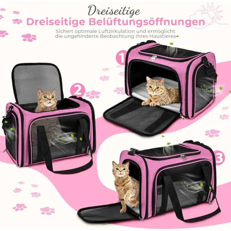 Lohofrnny Transporttasche Katze, Tragbare Faltbare Haustiertasche bis 5kg, Rosa, 43x28x28cm mit Schultergurt und dreiseitiger Öffnung – Bild 5