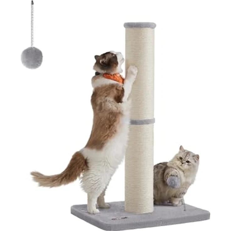 Famanu Katzenkratzbaum 85 cm hoch, dicke Säule aus robustem Sisal, taubengrau, mit Plüschball und Glocke – Bild 1