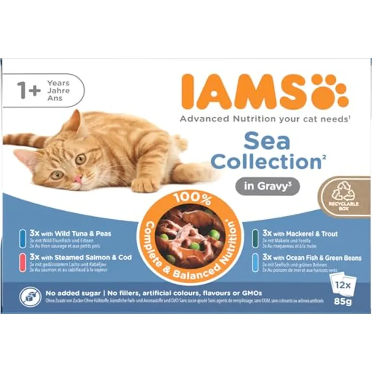 IAMS Delights Sea Collection Katzenfutter Nass, Multipack mit 4 Fischsorten (Lachs, Thunfisch, Makrele, Seefisch) in Sauce, 12 x 85g für Katzen ab 1 Jahr