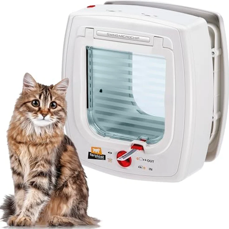 Ferplast SWING MICROCHIP Katzenklappe mit Mikrochip-Erkennung, 4-Wege steuerbar, Windstopper, inkl. Mikrochip-Halsband, Weiß – Bild 1