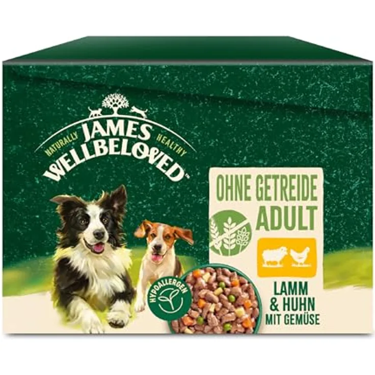 James Wellbeloved 12 x 90g Hund Nassfutter Portionsbeutel, Getreidefrei, Lamm & Huhn mit Gemüse in Sauce, hypoallergen, unterstützt gesunde Verdauung
