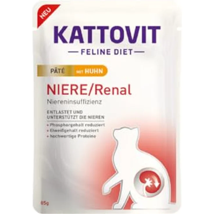 Kattovit Niere/Renal Paté, Diät-Nassfutter für Katzen zur Unterstützung der Nierenfunktion, 10 x 85 g mit Huhn