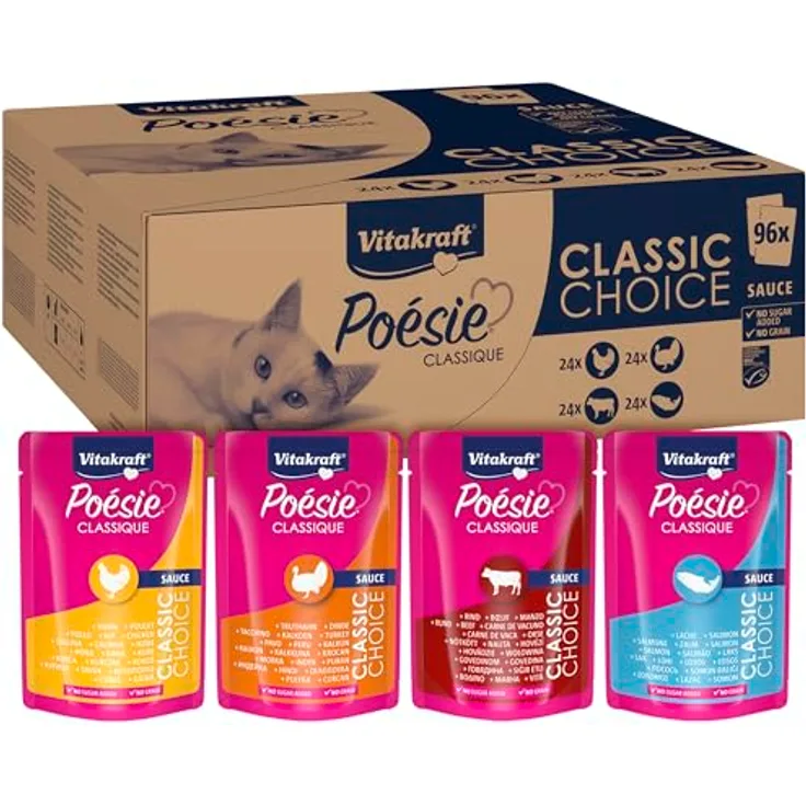 Vitakraft Poésie Classique, Katzennassfutter in Sauce, mit Huhn, Truthahn, Rind und Lachs, ohne Zucker und Getreide, Vorratspack mit 96x 85g