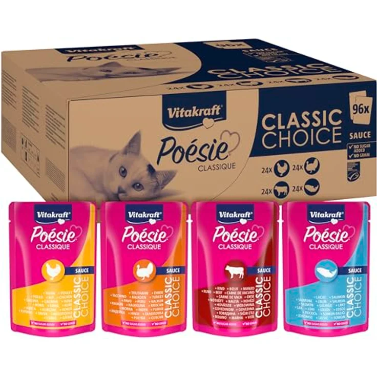 Vitakraft Poésie Classique, Katzennassfutter in Sauce, mit Huhn, Truthahn, Rind und Lachs, ohne Zucker und Getreide, Vorratspack mit 96x 85g – Bild 1