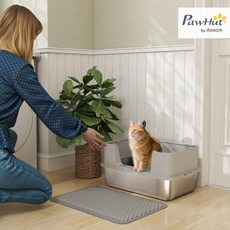 PawHut Katzentoilette Edelstahl Offene Katzenklo mit Schaufel, hohe Wände und Matte, für große Katzen bis 7 kg, 60,2 x 40,2 x 29,5 cm, Grau – Bild 2