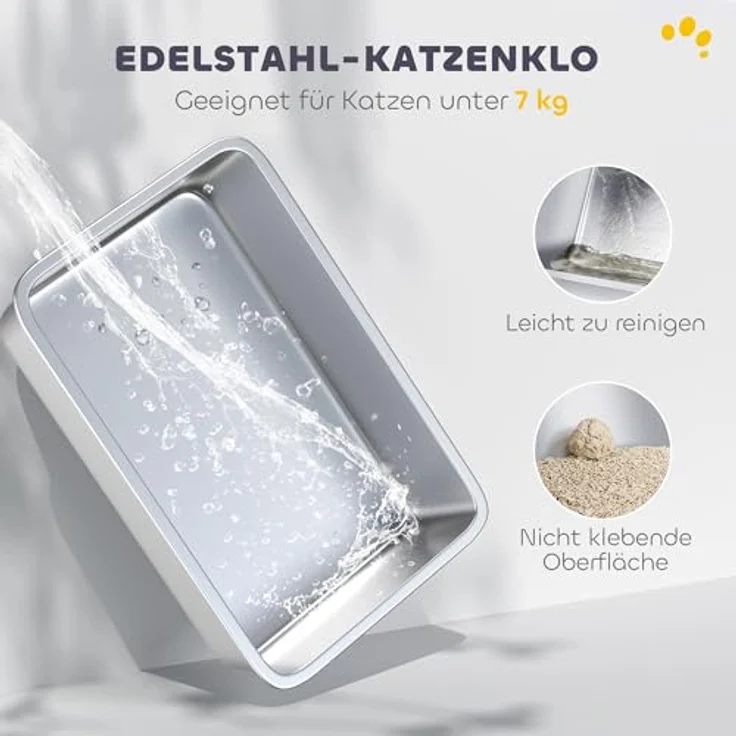 PawHut Edelstahl Katzentoilette mit Deckel, Doppelgänge-System, Deodorierungsbeutel, für Katzen bis 7 kg, 60,4 x 40,4 x 41,8 cm, Weiß – Bild 3