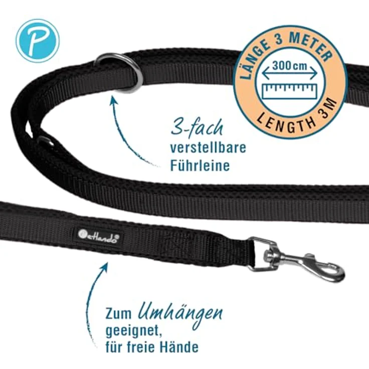 Petlando Hundeleine 3m Mesh, weich gepolstert, atmungsaktiv, 3-fach verstellbar, für mittelgroße Hunde, schwarz, 300x2,5cm – Bild 2