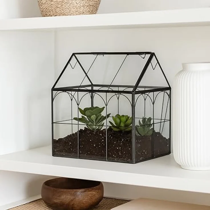 Relaxdays Pflanzenterrarium, Glas-Gewächshaus in Hausform, pflegeleicht mit antikem Metallrahmen, H 25 cm – Bild 4