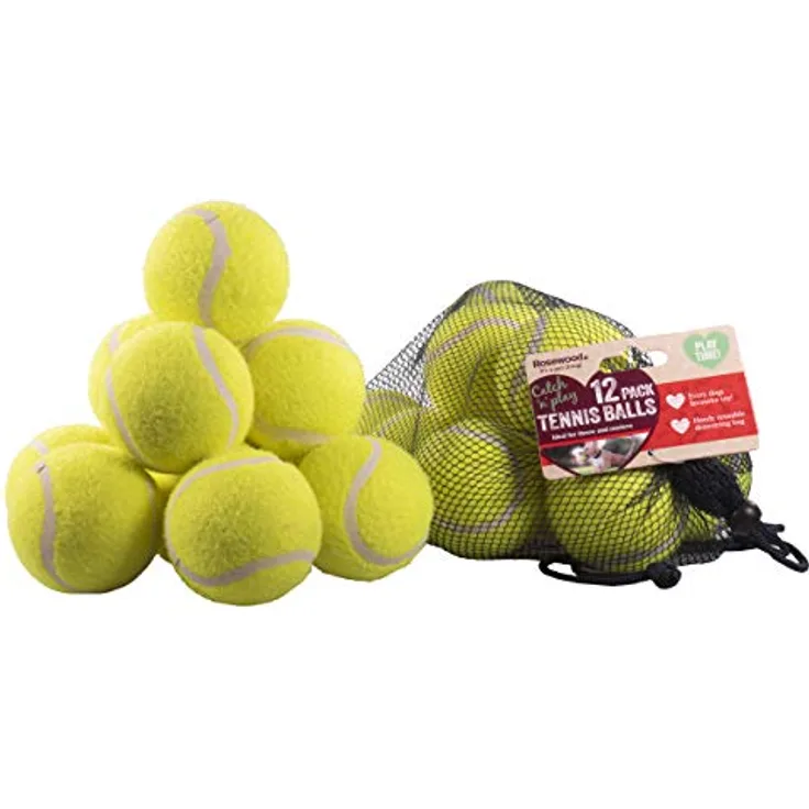 Rosewood 12 Standard-Tennisbälle, Hundespielzeug für interaktive Spiele, langlebig und mit Netztasche zur Aufbewahrung