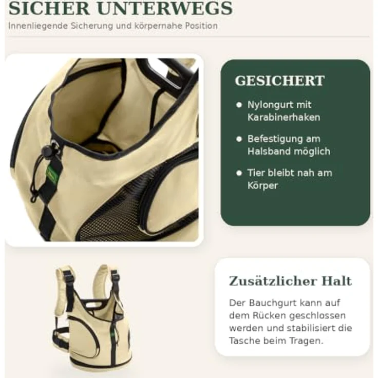 HUNTER Rucksack/Tragetasche Kangaroo, für kleine Hunde bis 6 kg, beige, L 30 x B 20 x H 30 cm, waschbar, mit Nylongurt und gepolsterten Schulterriemen – Bild 4
