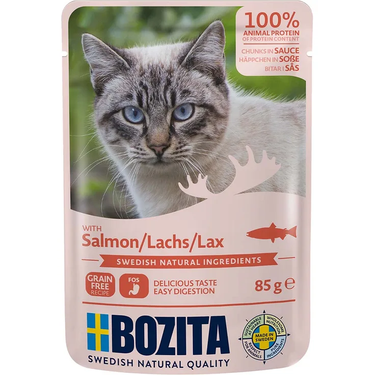 Bozita Pouch Häppchen in Soße, Katzen-Nassfutter mit Lachs, 12x85g