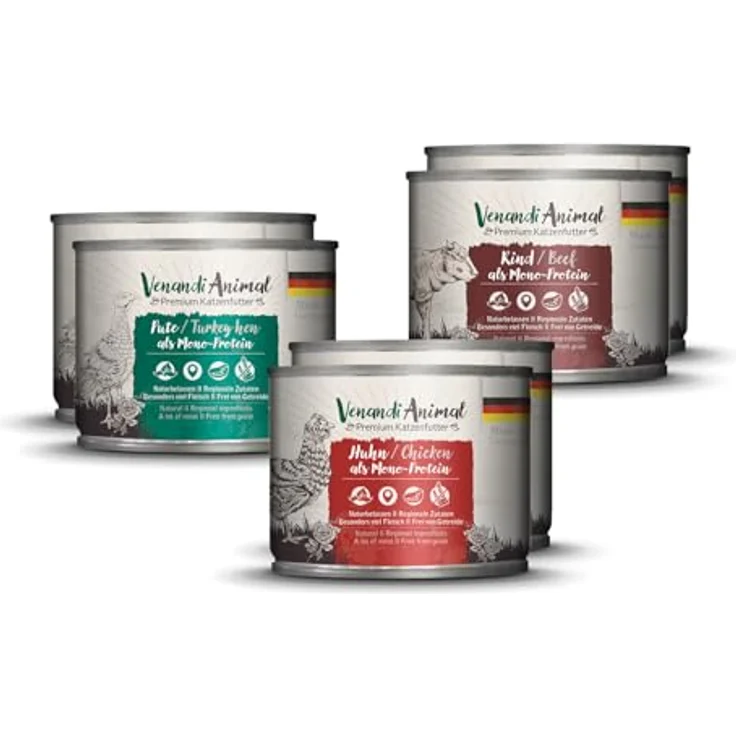 Venandi Animal Premium Nassfutter für Katzen, Probierpaket I, Huhn, Pute, Rind, 6 x 200 g, getreidefrei und naturbelassen, Made in Germany – Bild 1