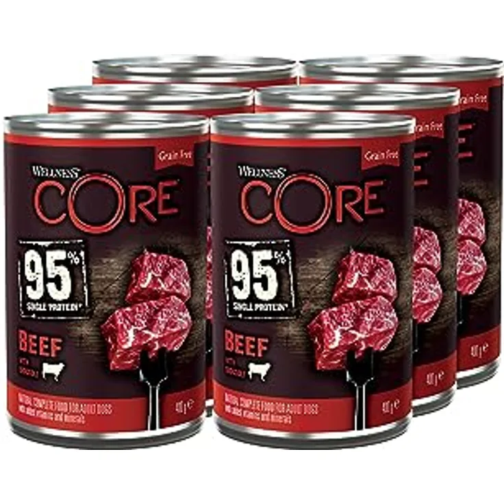 Wellness CORE 95% Rind & Brokkoli, getreidefreies Hundefutter Nass, stückige Pastete für ausgewachsene Hunde, hypoallergen, proteinreich, 6 x 400g