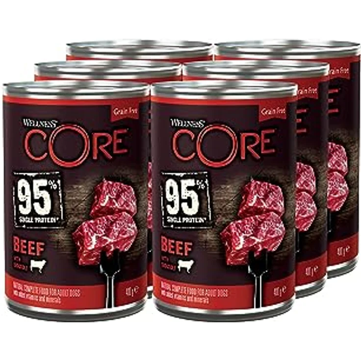 Wellness CORE 95% Rind & Brokkoli, getreidefreies Hundefutter Nass, stückige Pastete für ausgewachsene Hunde, hypoallergen, proteinreich, 6 x 400g – Bild 1