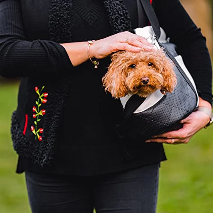 BOUTIQUE ZOO Transporttasche für Hunde und Katzen, Schultertasche bis 10 kg, M, Schwarz und Weiß, Kunstleder, mit Gummiband und Karabiner – Bild 2