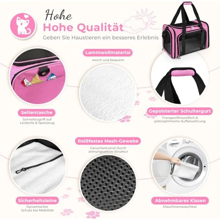 Lohofrnny Transporttasche Katze, Tragbare Faltbare Haustiertasche bis 5kg, Rosa, 43x28x28cm mit Schultergurt und dreiseitiger Öffnung – Bild 3