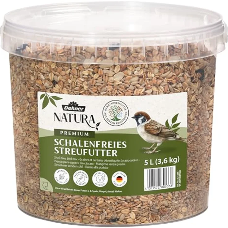 Dehner Natura Premium Wildvogelfutter, Schalenfreies Streufutter, Ganzjahresfutter mit über 25% Erdnüssen, 3.6 kg – Bild 1