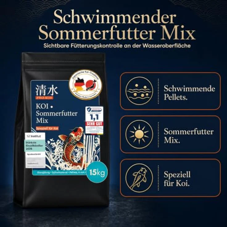 AGUALEVE PRO KOI Sommerfutter Mix 40 L (ca. 15 kg) – Ganzjahresmix, schwimmende 6 mm Pellets, für Koi, für Farbe & Kondition, Weizenkeim, Spirulina, Omega-3, Vitamin E, Made in Germany – Bild 2