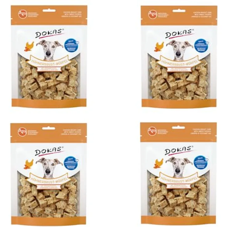 Dokas Hühnerbrust-Würfel mit Süsskartoffel, Leinsamen und Kokosöl, getreidefreier Hundesnack für ausgewachsene Hunde, 150g