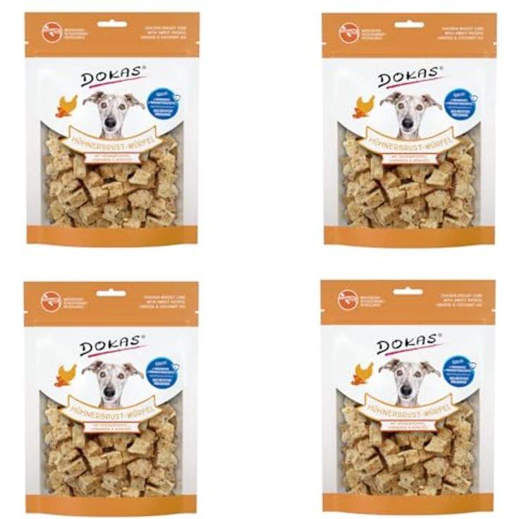 Dokas Hühnerbrust-Würfel mit Süsskartoffel, Leinsamen und Kokosöl, getreidefreier Hundesnack für ausgewachsene Hunde, 150g – Bild 1