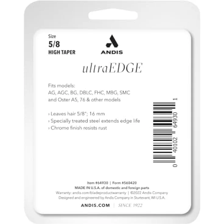 Andis® UltraEdge SnapOn Scherkopf N°5/8HT, Schnittlänge 16 mm aus karbonisiertem Stahl mit Rostschutz-Chrom-Finish, passend für alle abnehmbaren Klingenschermaschinen der Serie AGC, BDC, BGC, BGR, DBLC, MBG, SMC – Bild 3