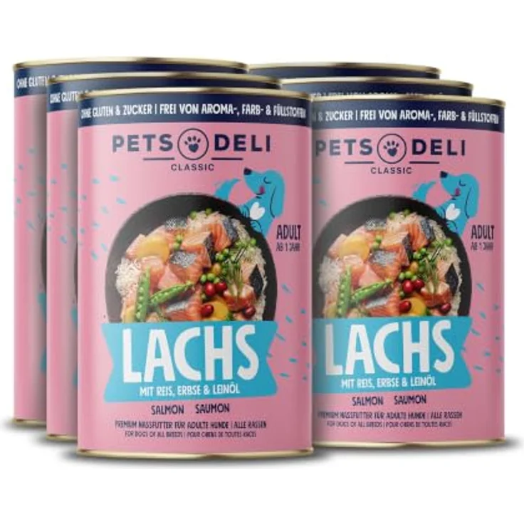 Pets Deli Classic Nassfutter für Hunde mit Lachs, 50% Lachs, 6x750g, ohne Getreide und Zuckerzusätze – Bild 1