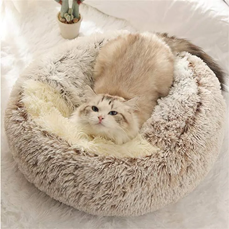 linlinfa Flauschiges Katzenbett, runde Höhle mit Kapuze, weiches Plüsch, rutschfest, maschinenwaschbar, für Katzen und Welpen – Kaffee-Plüsch
