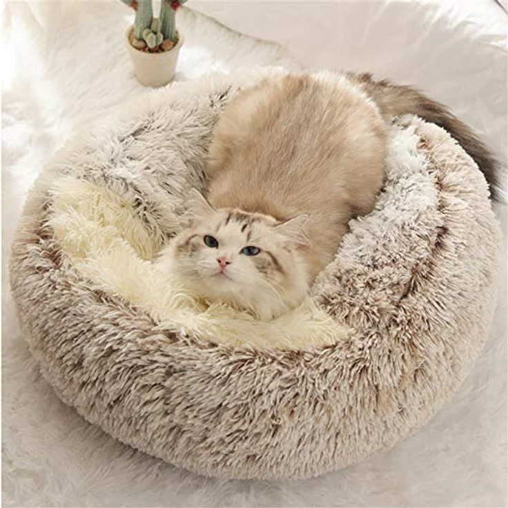 linlinfa Flauschiges Katzenbett, runde Höhle mit Kapuze, weiches Plüsch, rutschfest, maschinenwaschbar, für Katzen und Welpen – Kaffee-Plüsch – Bild 1