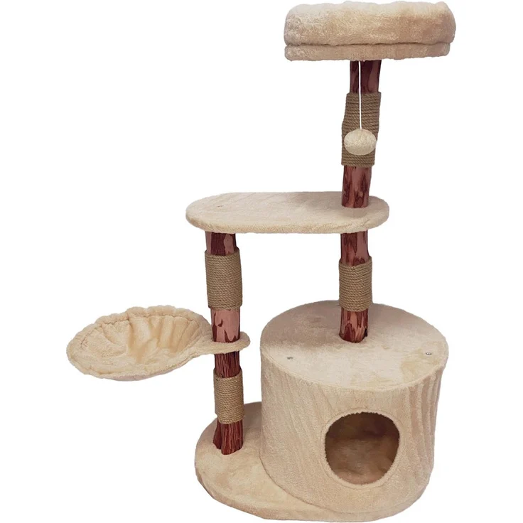 Duvo+ Kratzbaum Nuno Natural Wood beige, mittelgroßer Hartholz-Kratzbaum mit Liegeflächen, Hängematte und Spielball