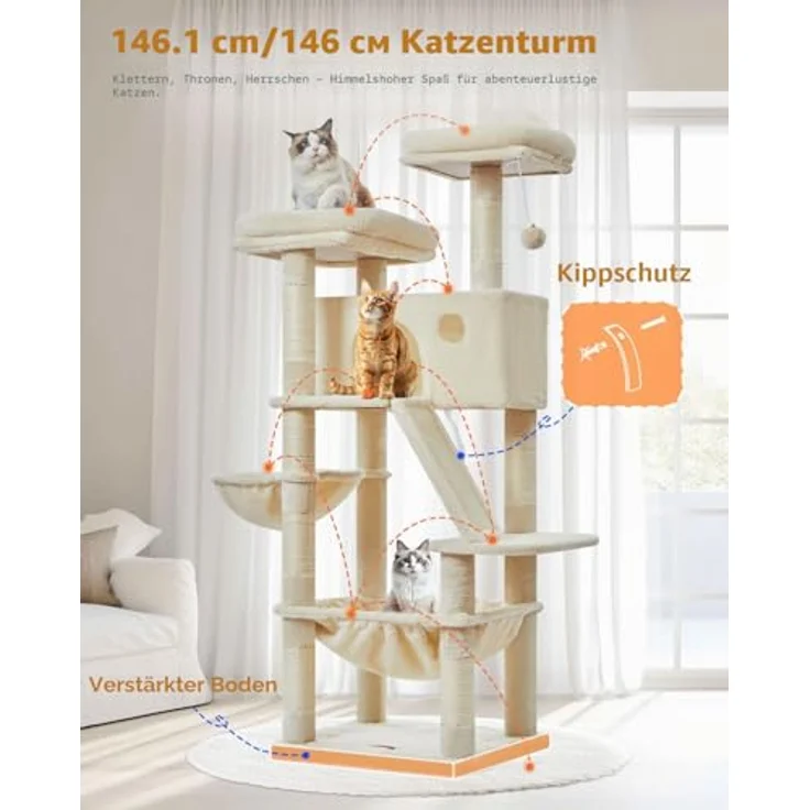 Taoqimiao 146CM Kratzbaum Groß, Stabiler Katzenbaum mit 2 Katzenhäusern, Metallhängematte, 8 Kratzsäulen und Katzenkratztafel, Beige MS026M – Bild 3