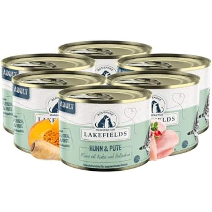 Lakefields Premium Nassfutter für Katzen, Huhn & Pute 90%, ohne Zucker und Getreide, 6 x 200g, mit Katzenminze, Kürbis & Pastinaken – Bild 1