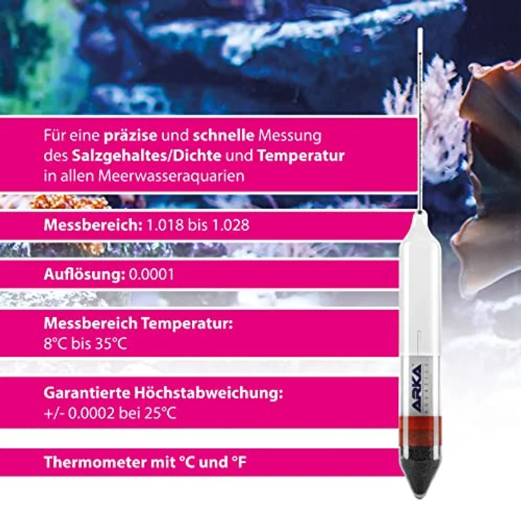 ARKA Biotechnologie GmbH Aquarium-Wassertest Arka Aräometer, inkl. Thermometer, Präzise Messung von Salzgehalt/Dichte und Temperatur, Messbereich 1.018 bis 1.028 – Bild 2