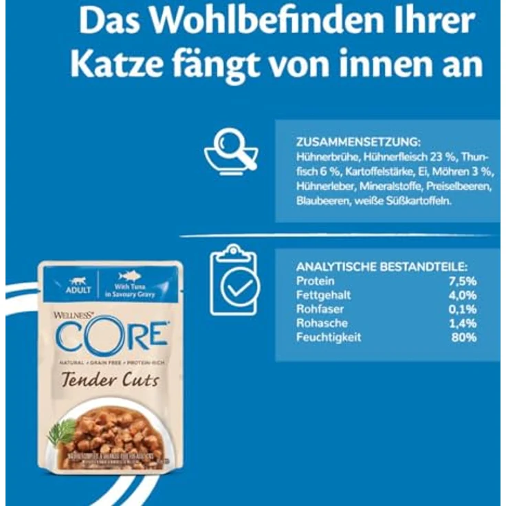 Wellness CORE Tender Cuts Thunfisch Selection Mix, Premium Nassfutter für Katzen, 6 x 85 g, getreidefrei, ohne Zuckerzusatz, hoher Fleischanteil in Sauce – Bild 4