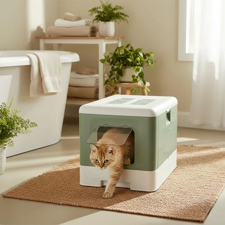 Ferplast Katzentoilette mit Schublade, Katzenklo mit Deckel, Aktivkohlefilter, inklusive Schaufel und Bürste, Pfotenreinigungsgitter, L 39 x T 52 x H 40 cm, Grün – Bild 2