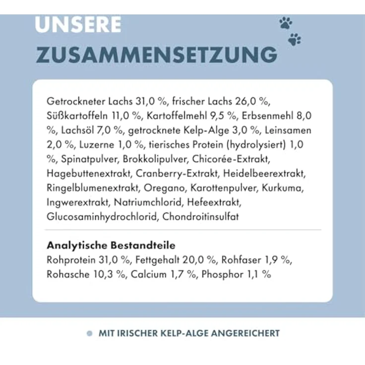 Irish Pure Hypoallergenes Trockenfutter Adult 12kg, Atlantik-Lachs mit Kelp-Alge & Gemüse, hoher Fleischanteil, getreidefrei, für alle Rassen – Bild 4