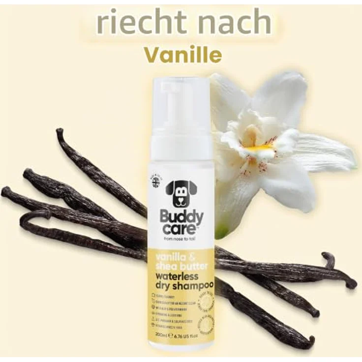 Buddycare Trockenshampoo für Hunde (200 ml) | Vanille & Sheabutter – Wasserloses Shampoo für empfindliche Haut, sanfte Formel für frisches Fell – Bild 4